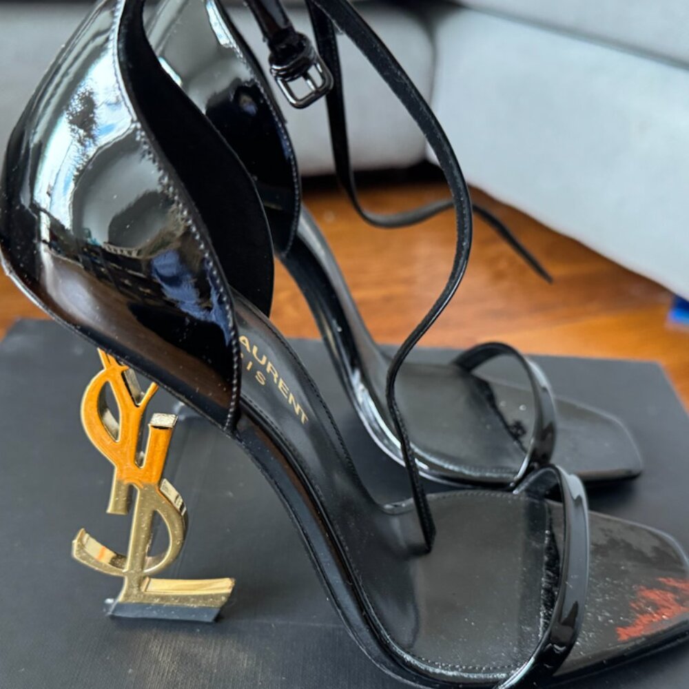 Saint Laurent Opyum YSL Logo-Heel Sandals with Golden Hardware